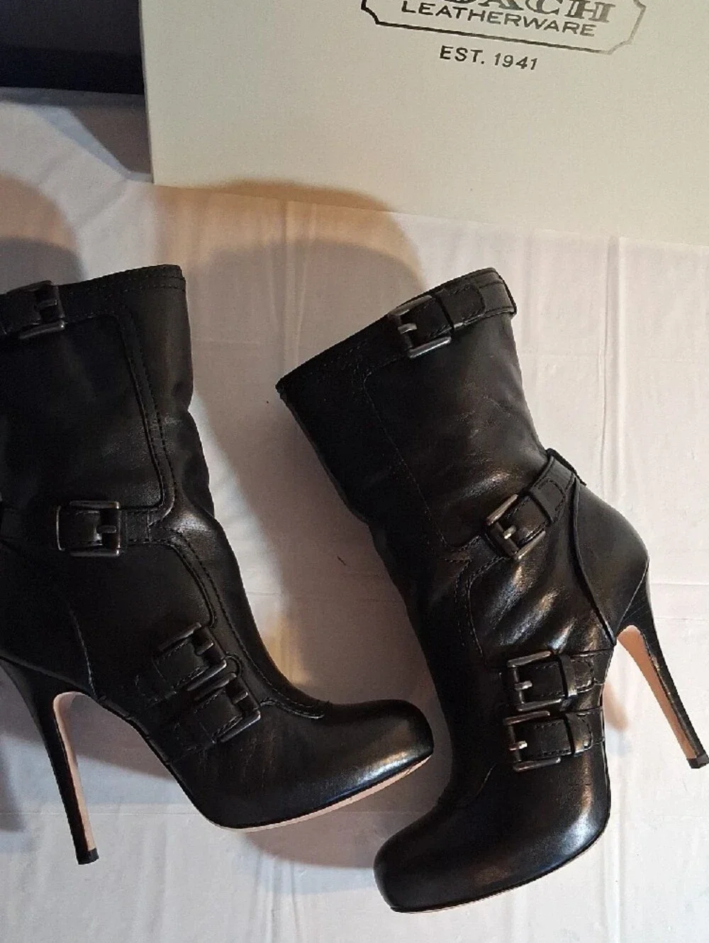Coach Black Leather Mid-Calf Buckle Heel Boots